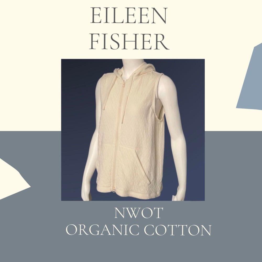 NWOT  EILEEN FISHER  Organic Cotton Vest with hood Zip up ~Womens ~ size M